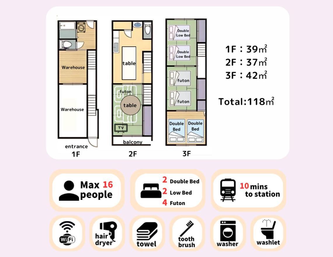 団,最大16名,レンタルサイクル無料,usjまで好アクセスの3階建て *